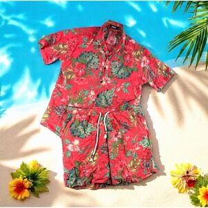 Jogal Hawaiian Shirt Shorts Set Men L Bermuda‎ Red Floral Resort Vacation Lounge